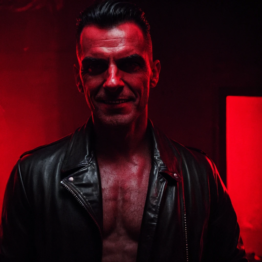 A serial ghost killer with a sinister smile, 1980s nightclub in Brazil, neon lighting, blood-red color palette, dark shadows, ominous atmosphere, gripping tension, high contrast, chiaroscuro lighting, intense gaze, leather jacket, slicked-back hair, menacing presence, photo-realistic, 8k, masterpiece, cinematic, dramatic lighting