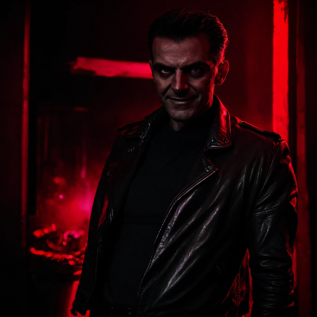 A serial ghost killer with a sinister smile, 1980s nightclub in Brazil, neon lighting, blood-red color palette, dark shadows, ominous atmosphere, gripping tension, high contrast, chiaroscuro lighting, intense gaze, leather jacket, slicked-back hair, menacing presence, photo-realistic, 8k, masterpiece, cinematic, dramatic lighting