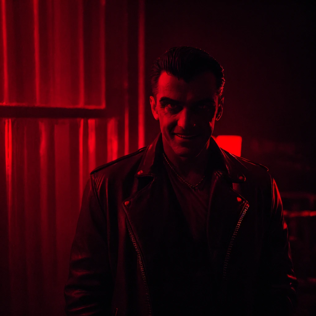 A serial ghost killer with a sinister smile, 1980s nightclub in Brazil, neon lighting, blood-red color palette, dark shadows, ominous atmosphere, gripping tension, high contrast, chiaroscuro lighting, intense gaze, leather jacket, slicked-back hair, menacing presence, photo-realistic, 8k, masterpiece, cinematic, dramatic lighting