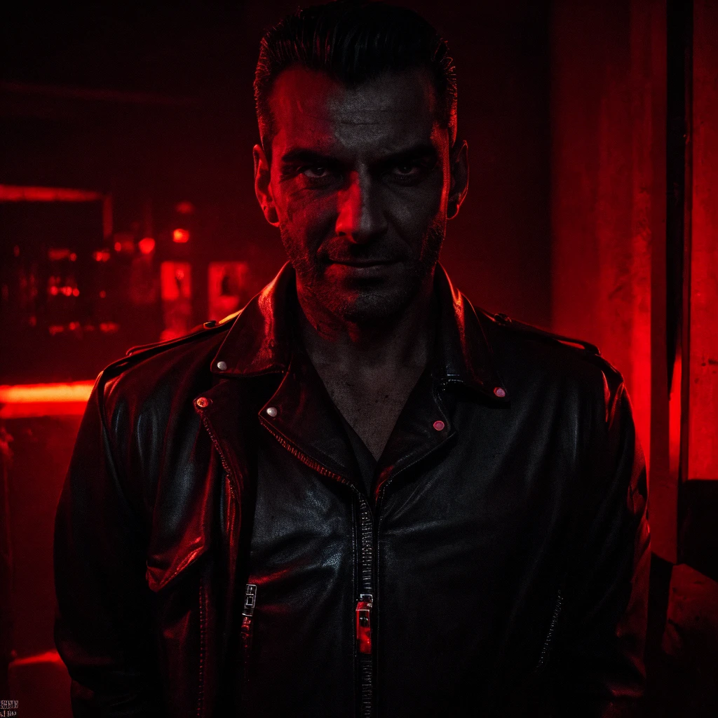 A serial ghost killer with a sinister smile, 1980s nightclub in Brazil, neon lighting, blood-red color palette, dark shadows, ominous atmosphere, gripping tension, high contrast, chiaroscuro lighting, intense gaze, leather jacket, slicked-back hair, menacing presence, photo-realistic, 8k, masterpiece, cinematic, dramatic lighting