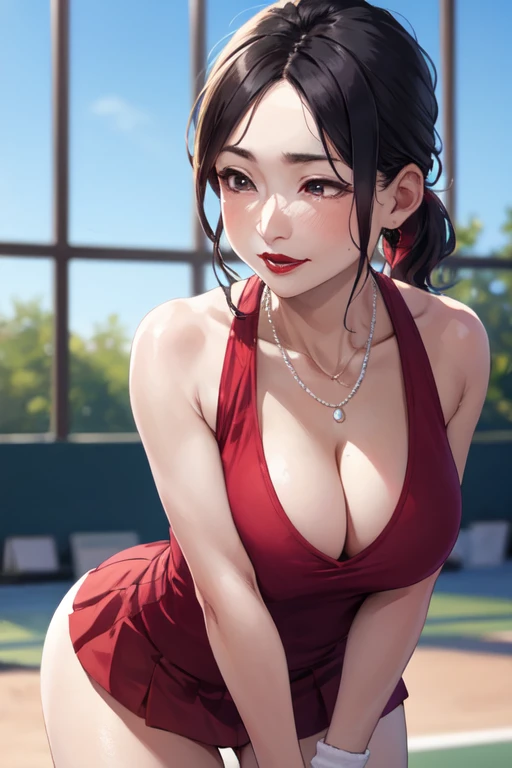 8k, 55 year old mature Japanese woman, Beautiful mature woman, Long eyelashes, Fine wrinkles, Low Ponytail, Red lipstick, Tennis Wear, Saggy breasts, Cleavage, Pearl Necklace, Red lipstick, Leaning forward