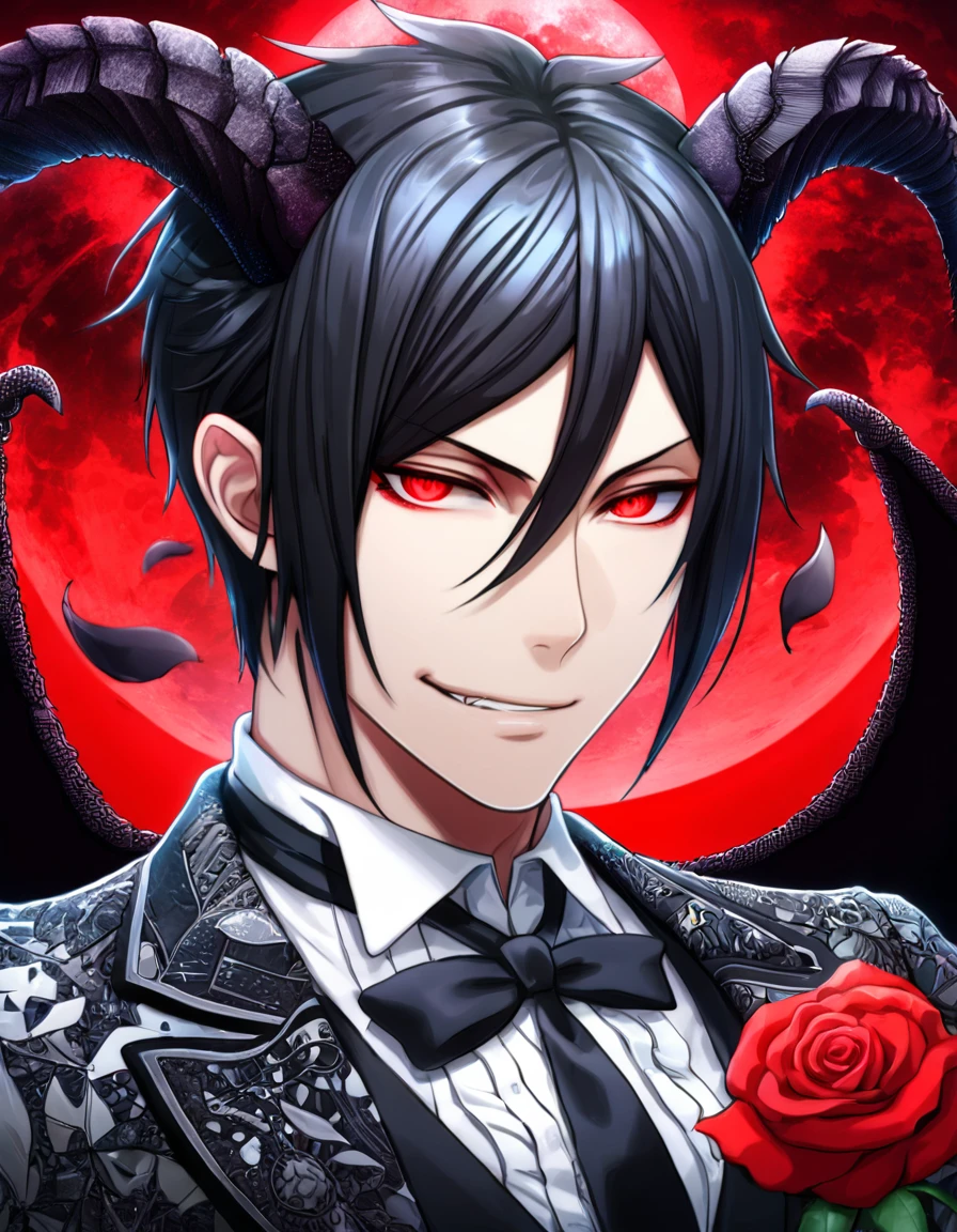 Ultra detailed, Highres, absurdres, HDR, Sebastian Michaelis, black hair, expressive red eyes, black coat with patterns, Kuroshitsuji, white shirt, fantasy, petals, handsome, sexy man, solo, very detailed eyes and face, master piece, black gloves, red background, red moon, Black Butler, black demon horns, black demon wings, magical, red roses, black feathers, smirking, shining,