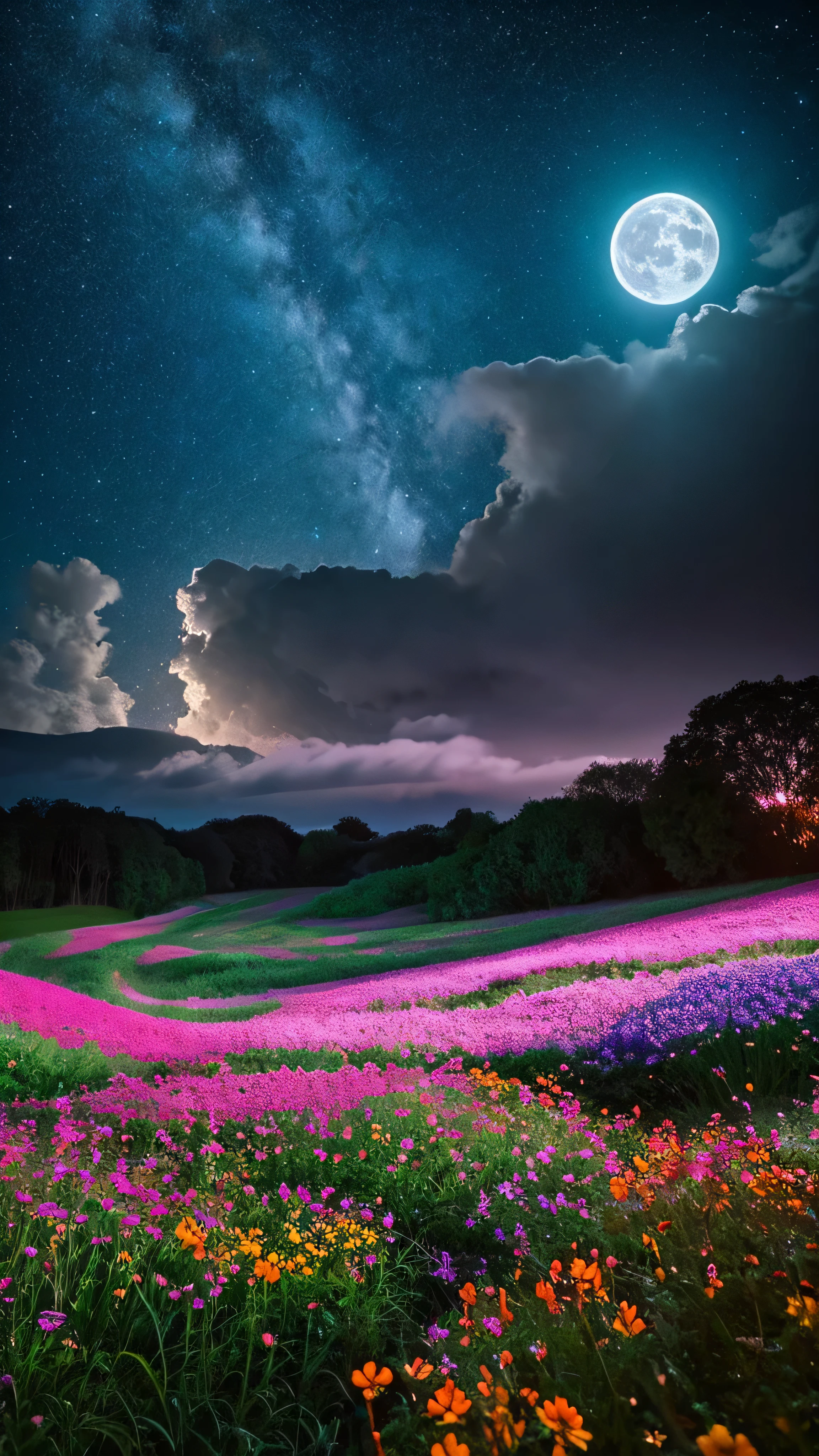 (masterpiece), Highest quality, beautiful flower field at night, nice sky with stars and constelations, Volume Cloud, Beautiful Clouds, (full moon), a Magic atmosphere, Dreamy image, Vast landscape photography, There are many different colored flowers blooming in the fields., Feeling calm and peaceful, Breeze, the scenary has a Magic glow, fire Fly, Beauty in the details, Natural beauty,astronomical photography, Nature Observation, Bright Moon,
break nebula, milk way, Space Sky, Starry Sky, Fisheye Lens, Dynamic Angle, (Dynamic configuration:1.4), Professional image,Production art, complicated, Fascinating, nice,Breathtaking,wonderful, Magic, Volumetric Light,  [purple]