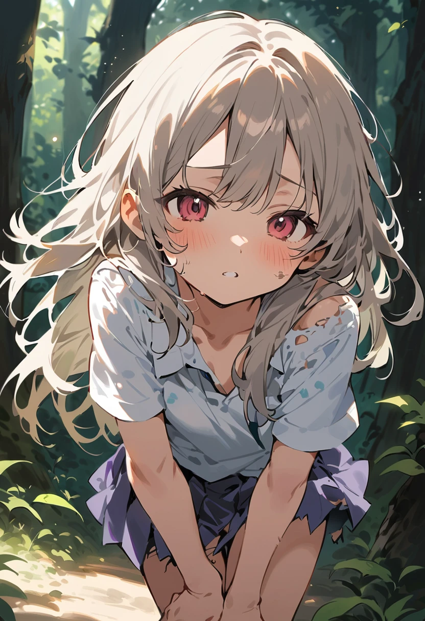 beautiful detailed girl,(masterpiece,best quality,extremely detailed:1.2),((cowboy shot:1.1)),(solo,10 years old,kawaii,slender,small breasts:1.25),(pained look:0.8),((white underwear) in ((Torn school uniform)):2),(dirty:2),blush,shy,weep,standing,(deep forest:1.5),(hug:0.4),rating: general, newest,Sexy face,(primitive:1.1)