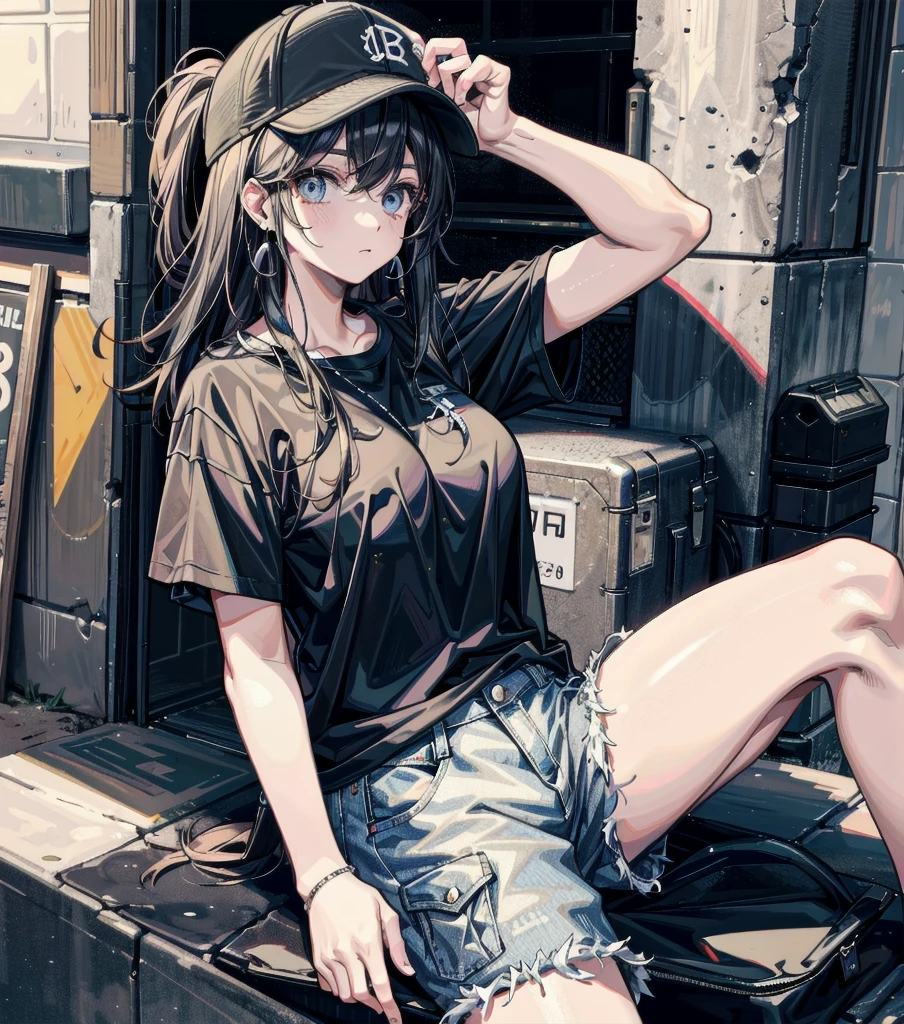 whole body, beautiful girl, big tits, medium hair, black hair, tearful mole, earring, baseball cap, black T-shirt, cargo shorts,