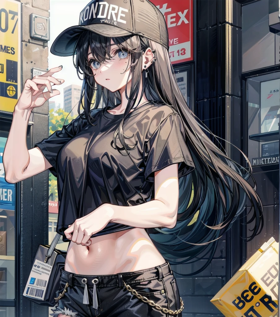 whole body, beautiful girl, big tits, medium hair, black hair, tearful mole, earring, baseball cap, black T-shirt, cargo shorts,