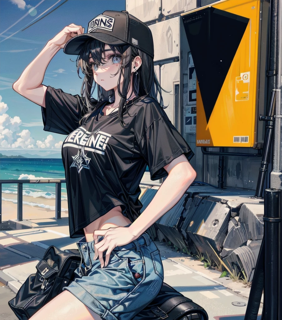 whole body, beautiful girl, big tits, medium hair, black hair, tearful mole, earring, baseball cap, black T-shirt, cargo shorts,