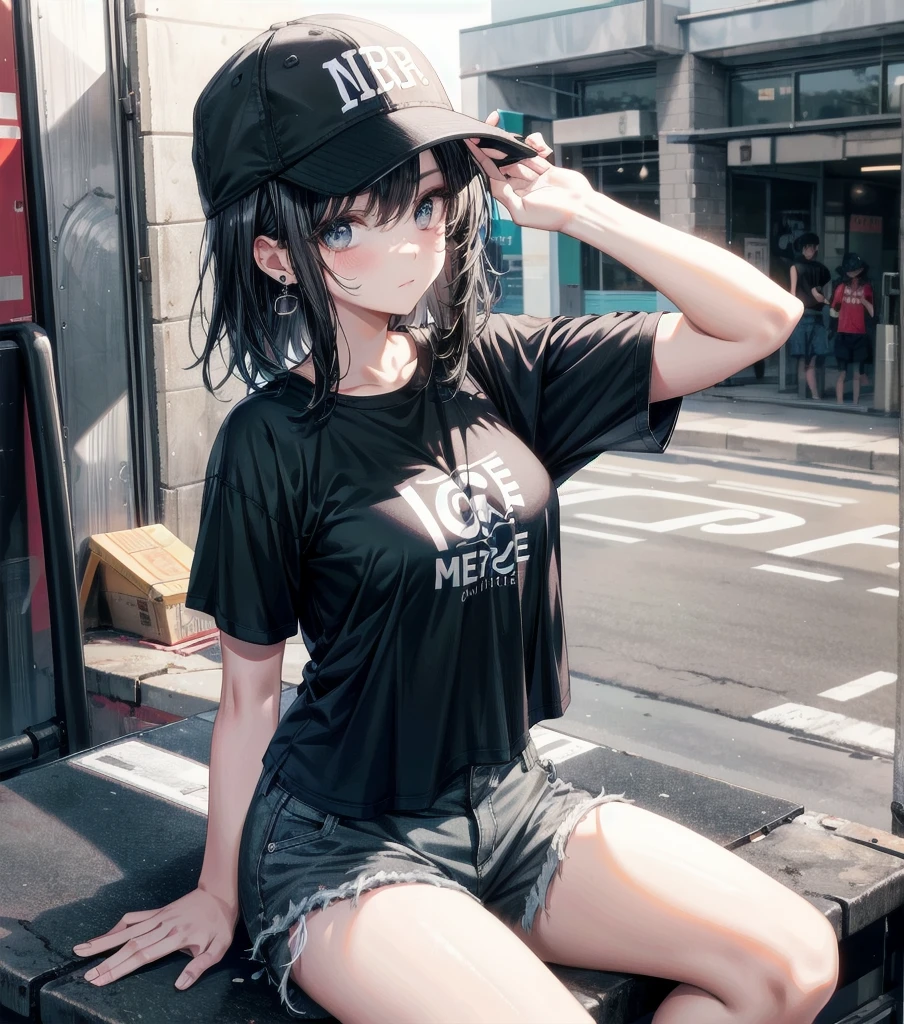 whole body, beautiful girl, big tits, medium hair, black hair, tearful mole, earring, baseball cap, black T-shirt, cargo shorts,