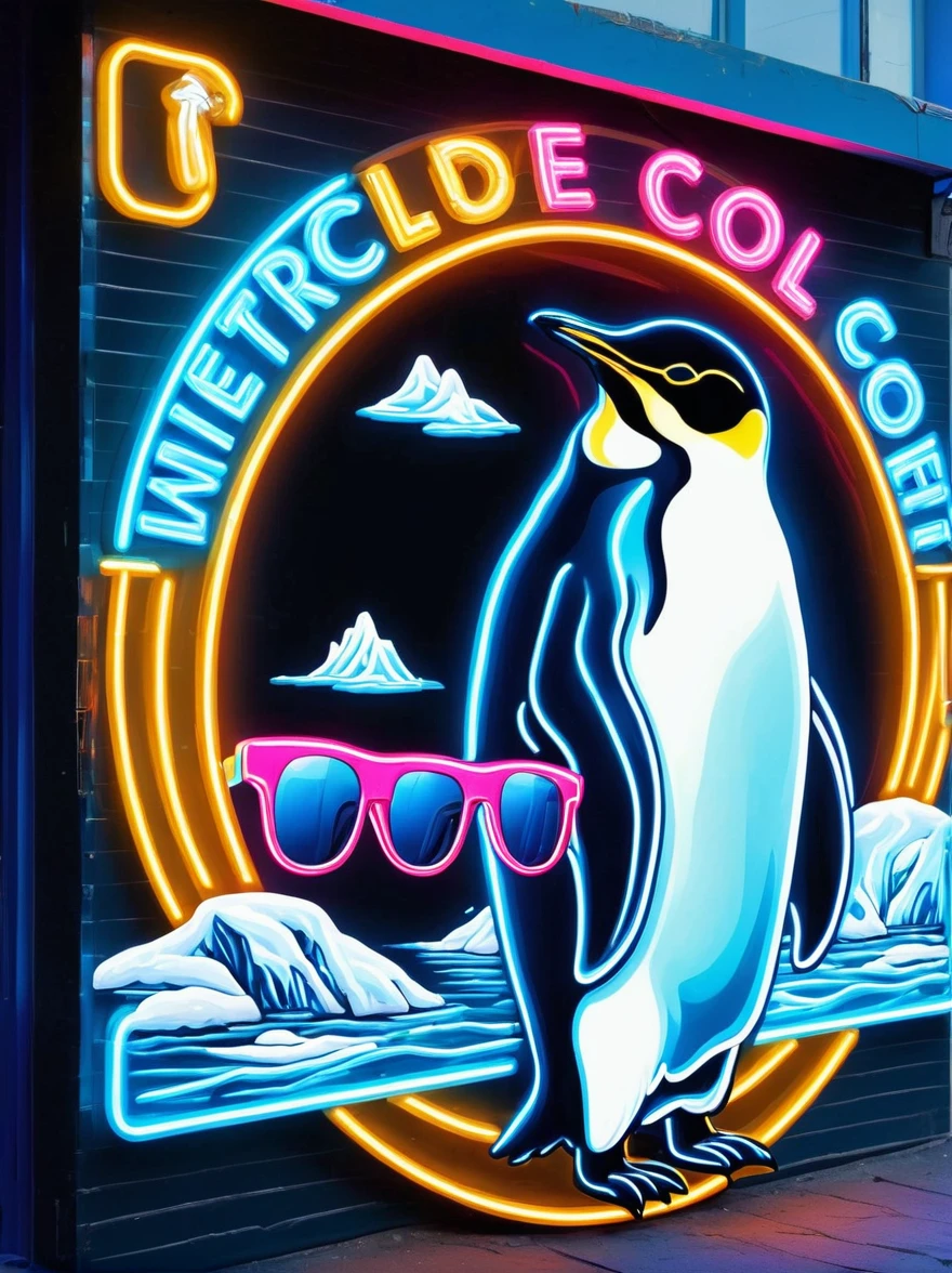 Neon，Shop sign，Antarctic Scene，iceberg，Sea，Cool emperor penguin wearing sunglasses，发光的NeonShop sign，Ultra high saturation，Bright colors，High height