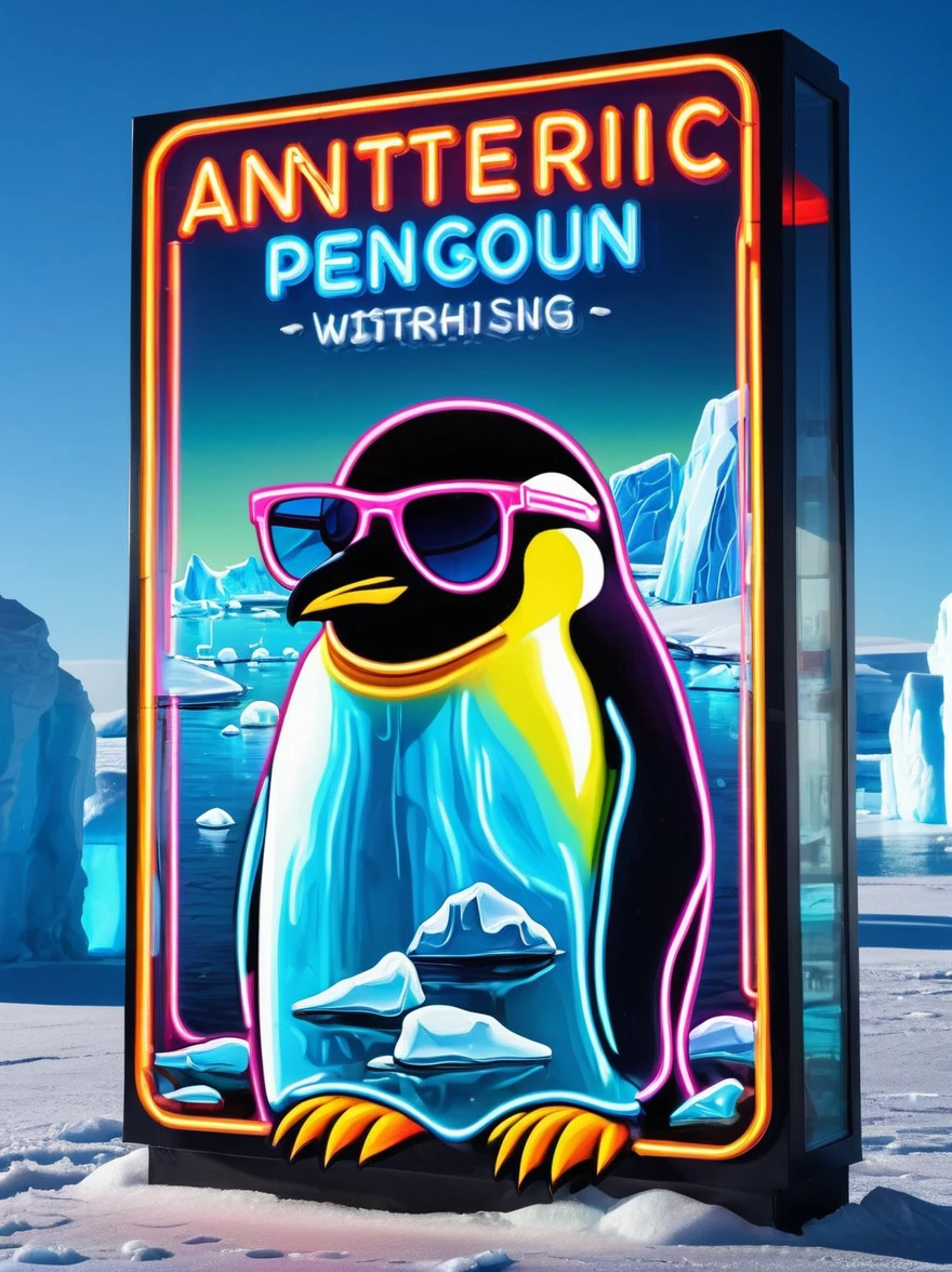 Neon,Shop sign,Antarctic Scene,iceberg,Sea,Cool emperor penguin wearing sunglasses,发光的NeonShop sign,Ultra high saturation,Bright colors,High height