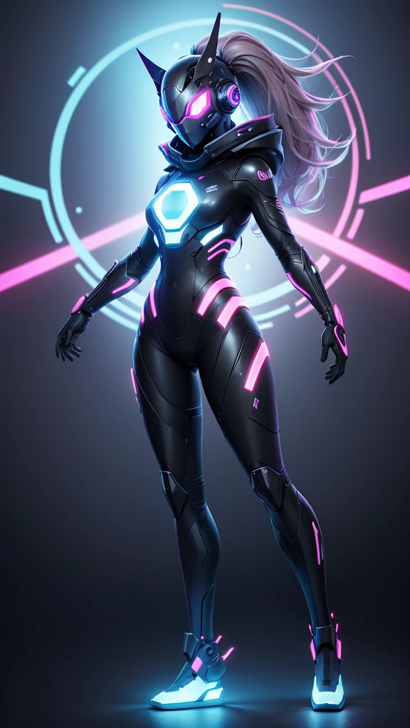 (female protogen),ciberpunk,mechanic,olhos brilhantes,metallic surface,tela digital,Advanced technology,futurista,luzes de neon,campo eletromagnetico,Arestas afiadas,design simplificado,organismo digital,biomechanic,atmosfera misteriosa,viseira de vidro,sentidos aprimorados,energetic pose,invisible circuits,holographic projections,fios coloridos,ciborgue feminino, (((full body))), background na cidade d tokyo