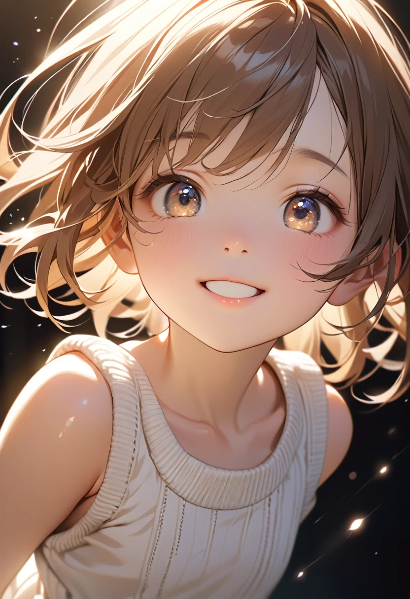 masterpiece, upper body shot , 12-year-old 1loli、independent、Look forward、Light eye makeup、Brown Hair Color、flat 、Hair blowing in the wind、Quality of actress、Shiny, Ultra-realistic faces、smile、Watery eyes、look up、Soothing lighting effects、 Ultra-Realistic Capture、Very detailed、High resolution 16k human skin closeup, Skin texture must be natural、Must be so detailed that pores are visible、skin is healthy、Must be of knitwear tone、Use natural light and color、High quality photos taken by modeling agencies, Exclusive photographer、smile, loose and light weight knitwear, shoulder out, no bra, sleeveless, showing small cleavage of the tiny breasts, pretty infant:1.3