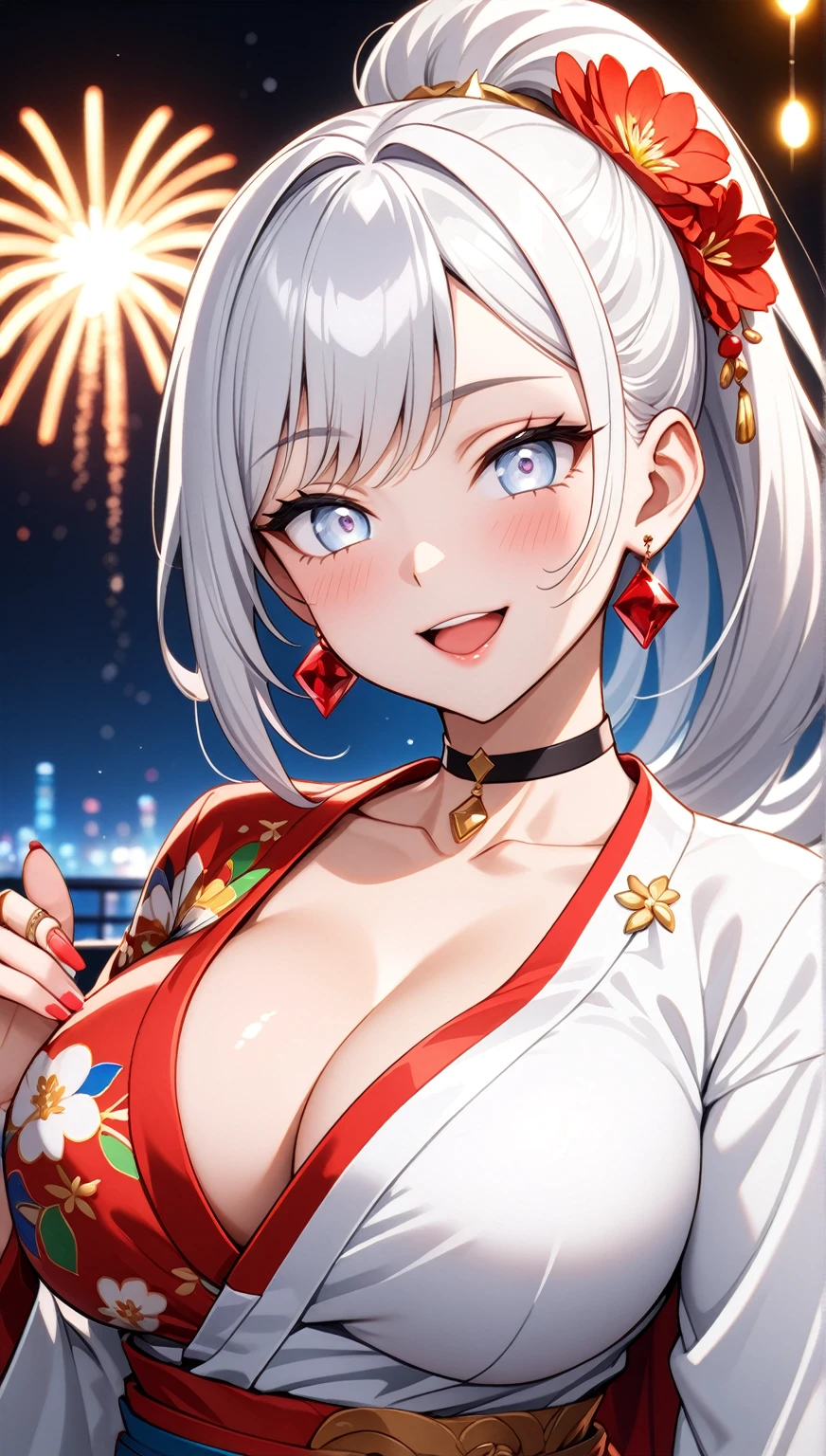 ((One personの女性)), Beautiful Face,Laughing shyly,((Wink:2.0)),Laugh with your mouth wide open((Bright red cheeks:1.4)),Glossy pink lips,night,rooftop,Festive decorations,You can see the ocean, firework,Laughing with your mouth open,Glossy pink lips,Lighting on the face,((Anime style background)),masterpiece, Highest quality, so beautiful,Latest, Complex details, (Pink long nails),(ring),(bracelet),(choker),AI-generated, Complex,High resolution, Highest quality, super high quality,3D Images、View your viewers、3D Images,One person,Long white hair,High Ponytail,(blue eyes),Anime woman posing for a photo, ((Fine grain、Silvery white colorful eyes、Shining Eyes:1.4)),(Squint your eyes:1.1),a hyperRealistic , hyperRealistic , Realistic,Anime woman with long and white hair, Smooth anime CG art, A woman in a colorful kimono with gold embroidery, (Black long sleeve kimono),Red floral pattern,Long flower hair ornament,Big earrings,Mature Body,(Big Breasts:1.1),Tall,Abdominal muscles,Narrow waist,(Zoom in on face:1.5),Shooting from below at an angle