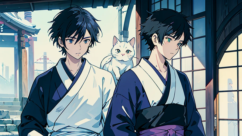 White cat on shoulder Black Hair male Anime Style Highest quality Japanese Delicate quality Beautiful illustrations High quality down to the last detail