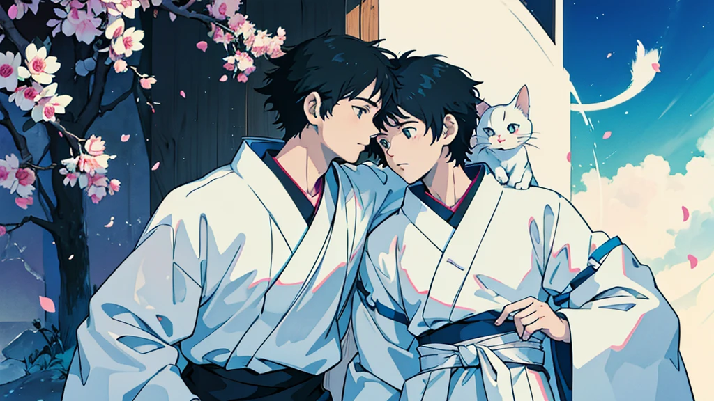 White cat on shoulder　Black Hair　male　Anime Style　Highest quality　Japanese　Delicate quality　Beautiful illustrations　High quality down to the last detail
