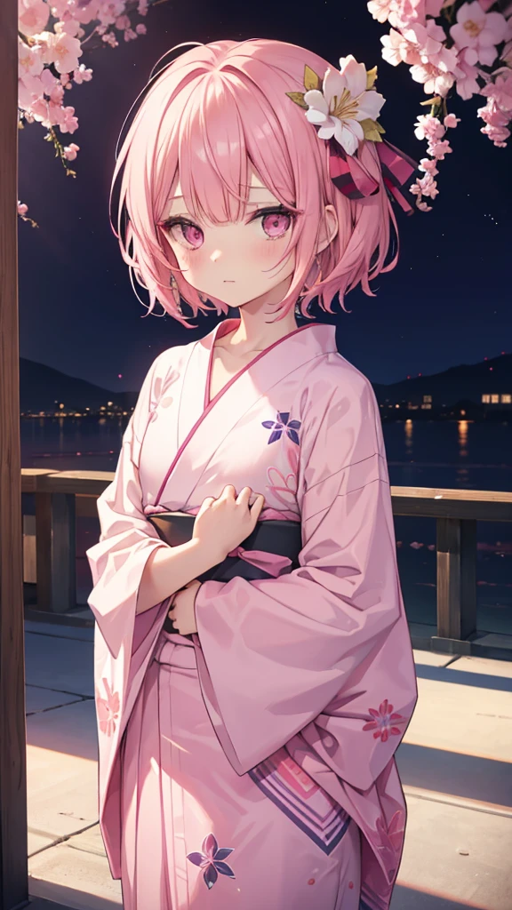 Middle school students Crossdresser Pink hair short hair Yukata Gloomy face Pink eyes A fantastic summer festival Flat chest