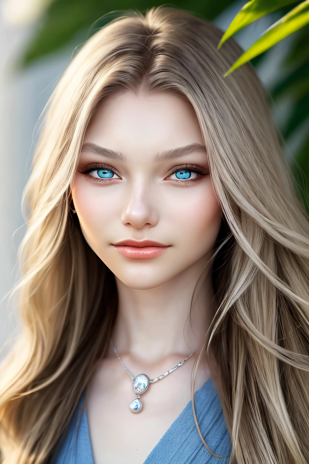 AlexandraLenarchyk focus on eyes, close up on face, grinning, wearing jewelry, gentle blue color hair styled Straight Sleek and Wavy