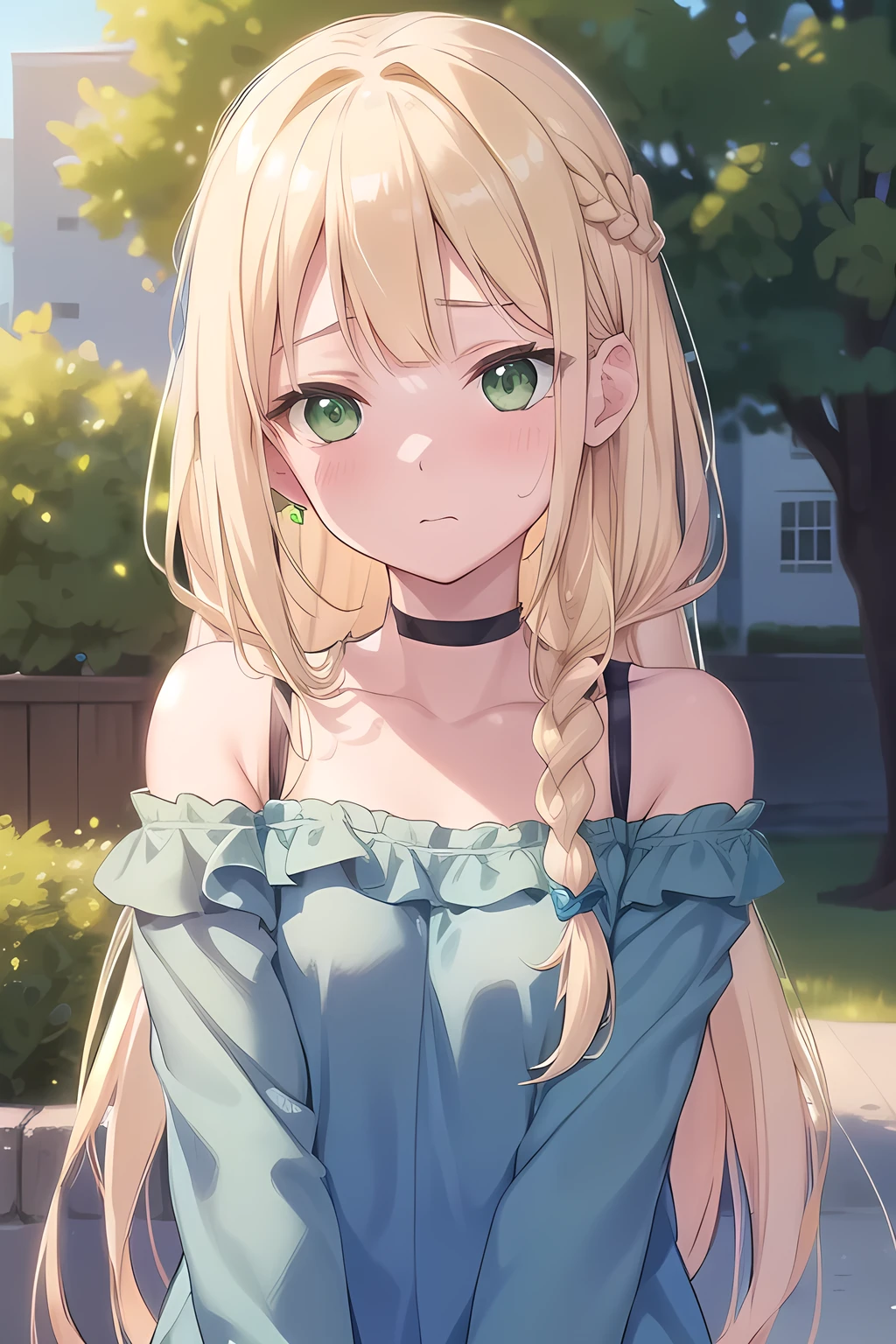 Blonde Hair, choker, (Green Eyes:1.5), Long Hair, Braided Hair, blush, blush stickers, clavicle, Have, Off the shoulder, (Blue clothes:1.5), break looking at viewer, break outdoors, city, break (masterpiece:1.2), highest quality, High resolution, Unity 8k, (figure:0.8), (Beautiful fine details:1.6), Highly detailed face, Perfect lighting, Highly detailed CG, (Perfect hands, Perfect Anatomy),(Blush all over face, Embarrassing)