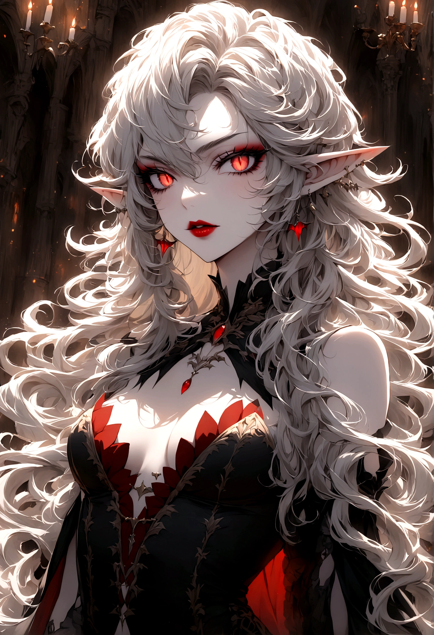 Create an image of the most stunningly gorgeous beautiful perfect sexy vampire elf, beautiful perfect face, long luscious eyelashes, black eyeliner, perfect makeup, lipstick, vibrant detailed vampire slit pupils, long luscious black hair, platinum blond highlights, seductive gothic intricate black dress,