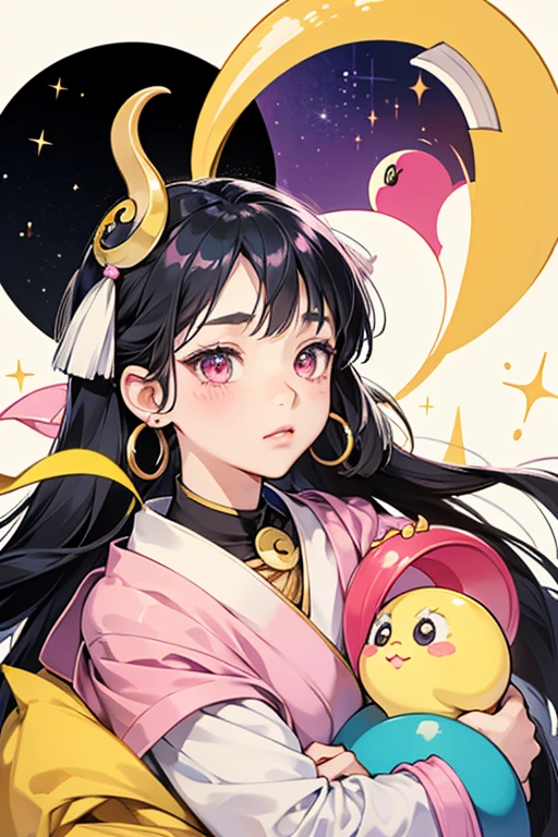 Tsukitchi resembles a yellow crescent moon with a face. sHe has beady eyes and a pink beak. Sometimes she makes different face expressions, such as sadness, depending on what's going on back on Tamagotchi Planet. sHe is different from a real moon because she never goes through different phases, instead, she always resembles a crescent. SPARKLE; GLITTER