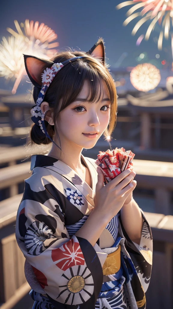 Masterpiece, 4k, Bokeh, beautiful face, (Japanese idle:1.6),
(wearing detailed yukata:1.5), (posing), (young hands:1.2),
BREAK,
(Beautiful fireworks in the night sky background:1.3), (Cat ears:1.3),