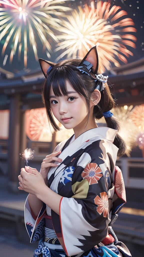 Masterpiece, 4k, Bokeh, beautiful face, (Japanese idle:1.6),
(wearing detailed yukata:1.5), (posing), (young hands:1.2),
BREAK,
(Beautiful fireworks in the night sky background:1.3), (Cat ears:1.3),