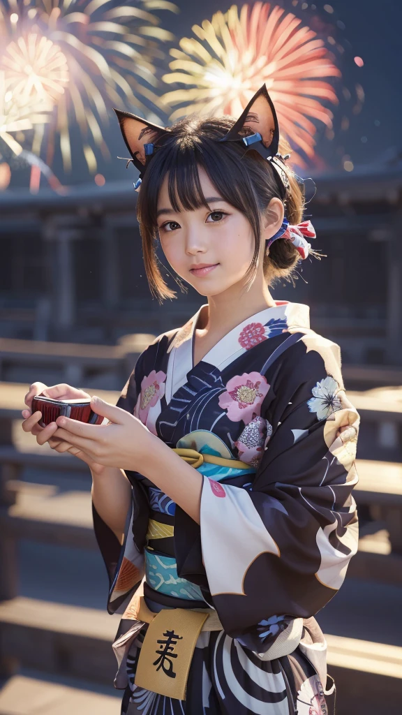 Masterpiece, 4k, Bokeh, beautiful face, (Japanese idle:1.6), 
(wearing detailed yukata:1.5), (posing), (young hands:1.2), 
BREAK,
(Beautiful fireworks in the night sky background:1.3), (Cat ears:1.3), 