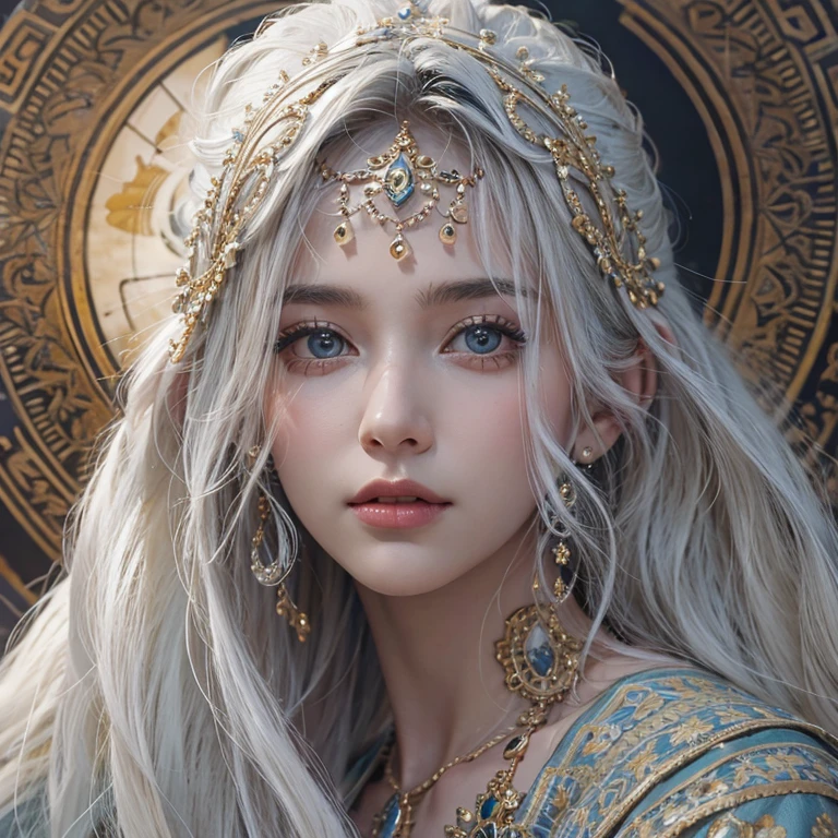 (Highest quality、masterpiece、8k、Best image quality、Ultra-high resolution、Award-winning works)、A beautiful white-haired woman watches over us from afar in the desert..., Where the moonlight shines.、Ancient Islamic clothing、Beautiful face drawn in every detail