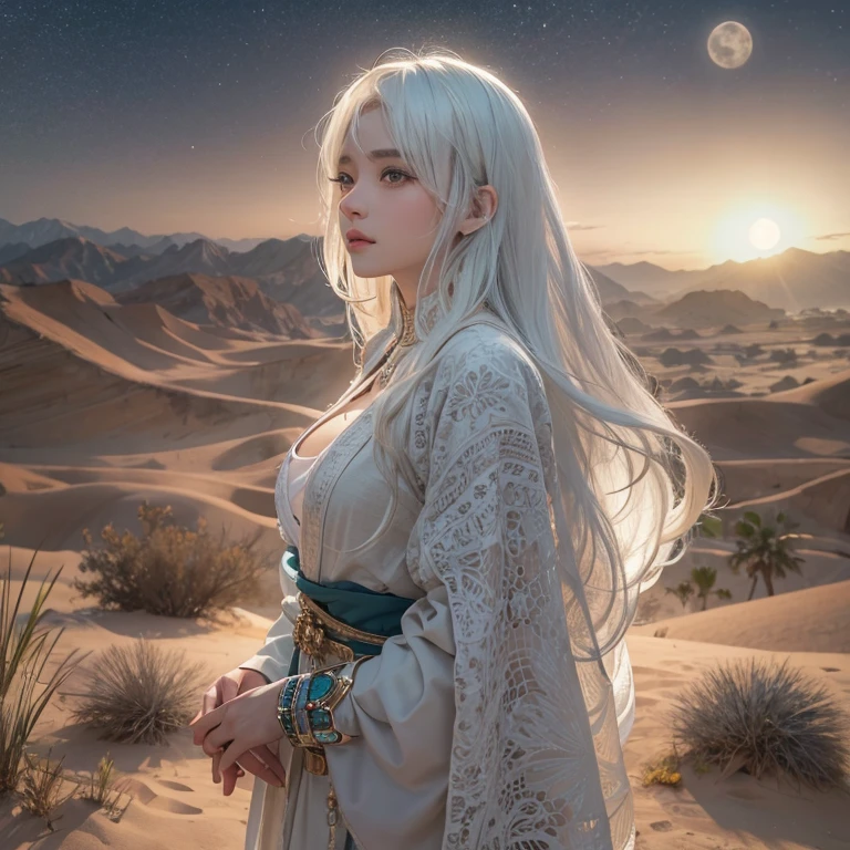(Highest quality、masterpiece、8k、Best image quality、Ultra-high resolution、Award-winning works)、A beautiful white-haired woman watches over us from afar in the desert..., Where the moonlight shines.、Ancient Islamic clothing、Beautiful face drawn in every detail