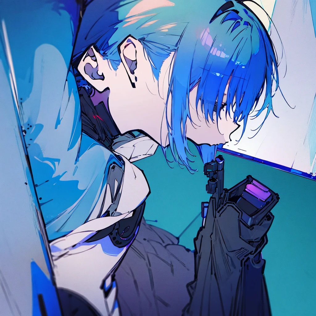 A blue-haired girl giving counseling in a counseling room. A cold expression. She is smiling. Her clothes are cyberpunk. She is looking at herself. She is resting her chin. Pretty, beautiful.