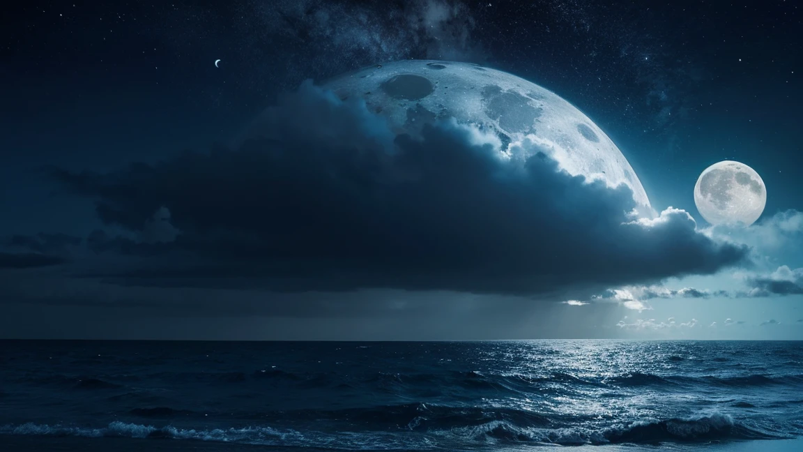 A more complete and super clear picture of the beautiful ocean，the sky is dark clouds、the moon is bright，With effect animation
