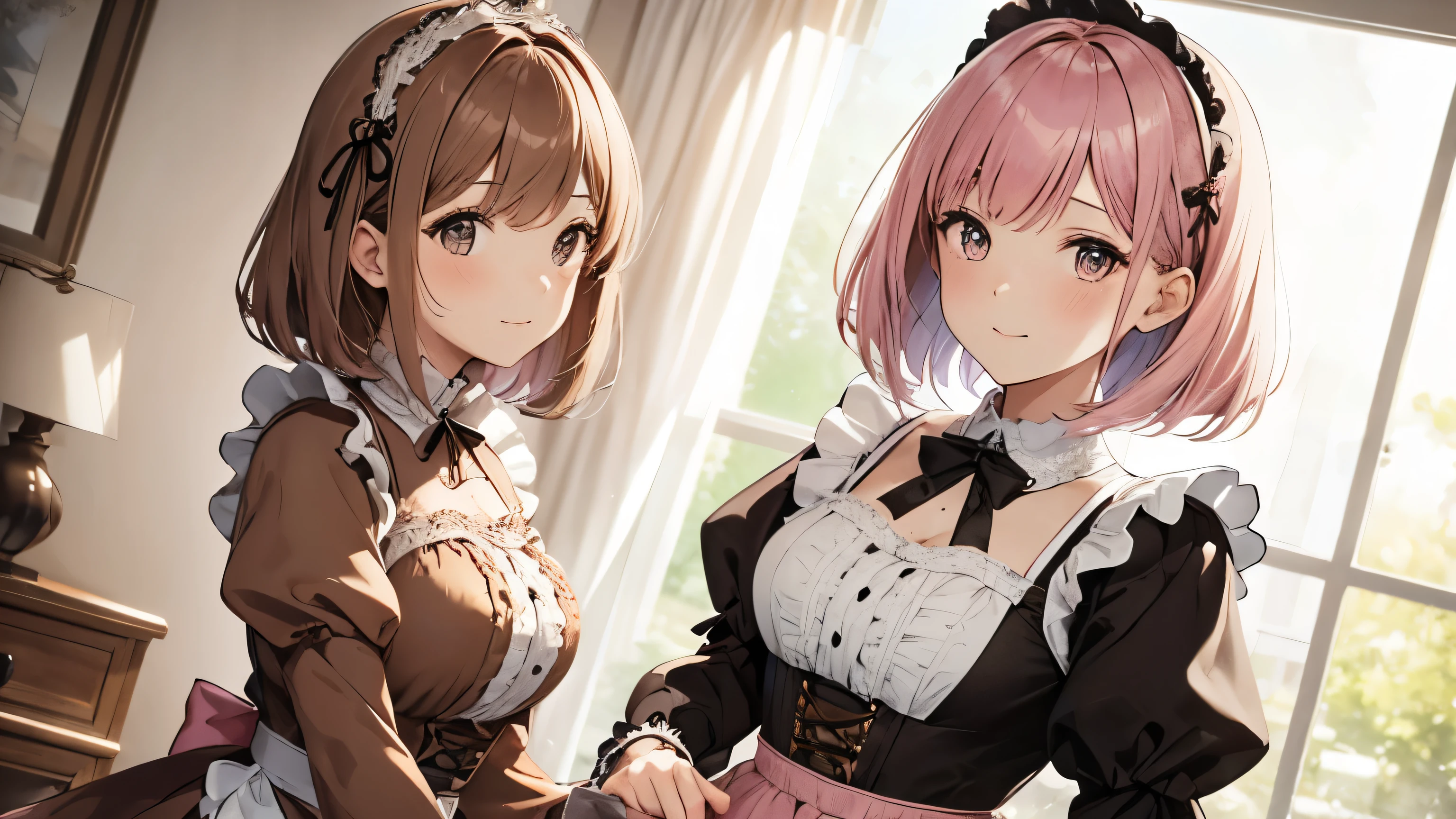 A beautiful girl wearing a brown maid outfit with lots of frills and lace　Long sleeve　Pink bob with hair ornament　Upper Body