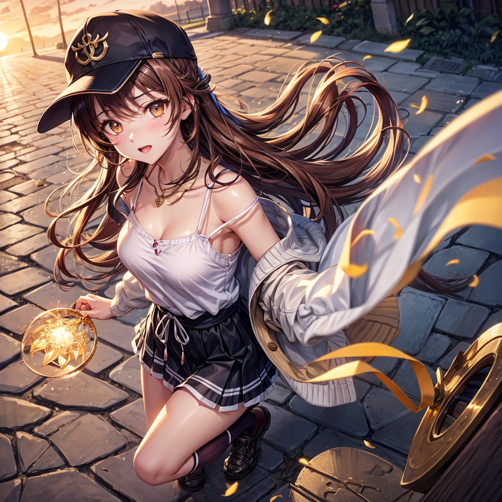 Red, brown, gold, gold hair、Golden Eyes、Hair tied up、One good looking girl、solo、anime、Checkered mini skirt、Ruffles on the skirt、camisole、camisole、Lightweight cardigan、Black knee-high socks、Wearing a baseball cap、Wearing a ribbon、Ribbon on waist、Teeth are visible、Sunset sky、Cumulonimbus、Silver coin necklace、shine、From above、Sparks are flying、tunnel、Cobblestones、Crouching