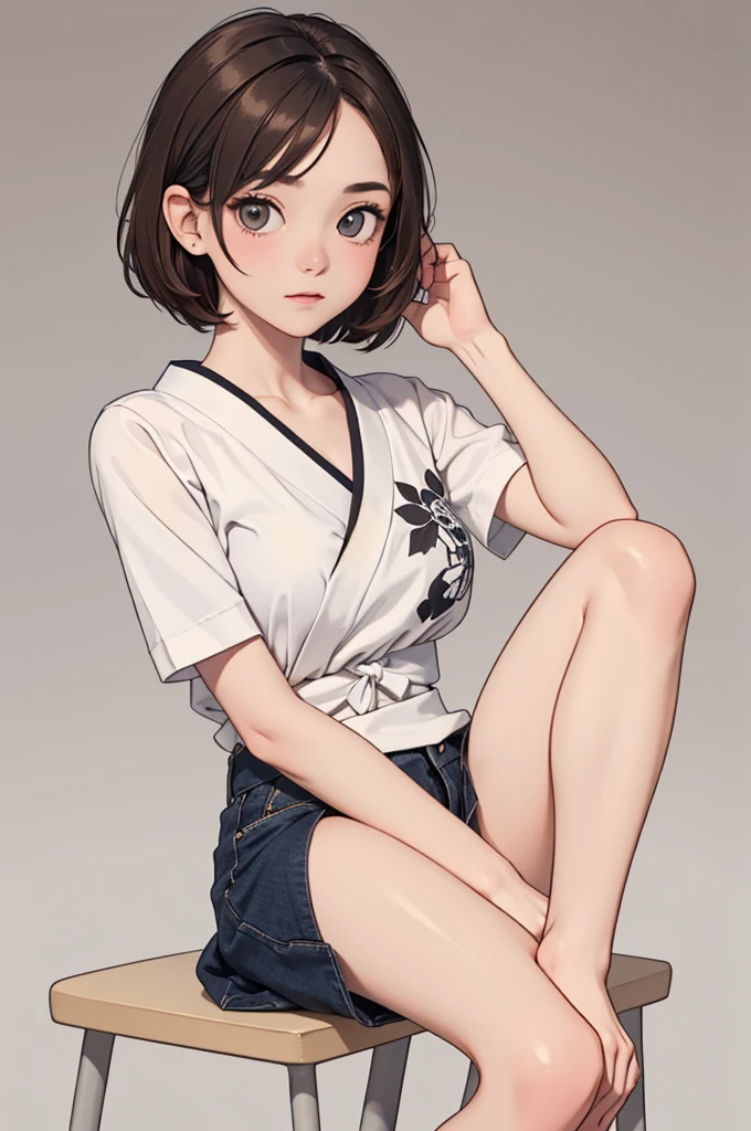 (((masterpiece, best quality, ultra highres, 1 girl, solo, no background))), super detailed skin and face and eyes and finger, beautiful japanese woman, small breasts:1.5, skinny, light brown hair, white background, very short hair, (an illustration of girl), Knee shot, Generate with illustrations, Various expressions, Various poses, Various Costumes, spread legs,