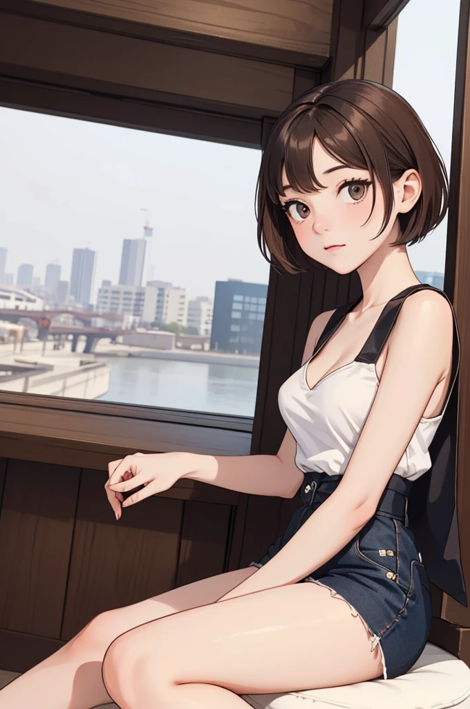 (((masterpiece, best quality, ultra highres, 1 girl, solo, no background))), super detailed skin and face and eyes and finger, beautiful japanese woman, small breasts:1.5, skinny, light brown hair, white background, very short hair, (an illustration of girl), Knee shot, Generate with illustrations, Various expressions, Various poses, Various Costumes, spread legs,