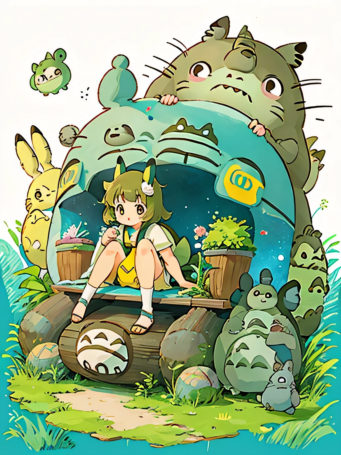 Hayao Miyazaki style、Kawaii Design, most beautiful girl ever、Chibi, (((expedition)))、((Ancient Egypt)), Pikachu, (((Totoro))), Lunar Surface, Colorful and cute pillbugs, Makkurokurosuke