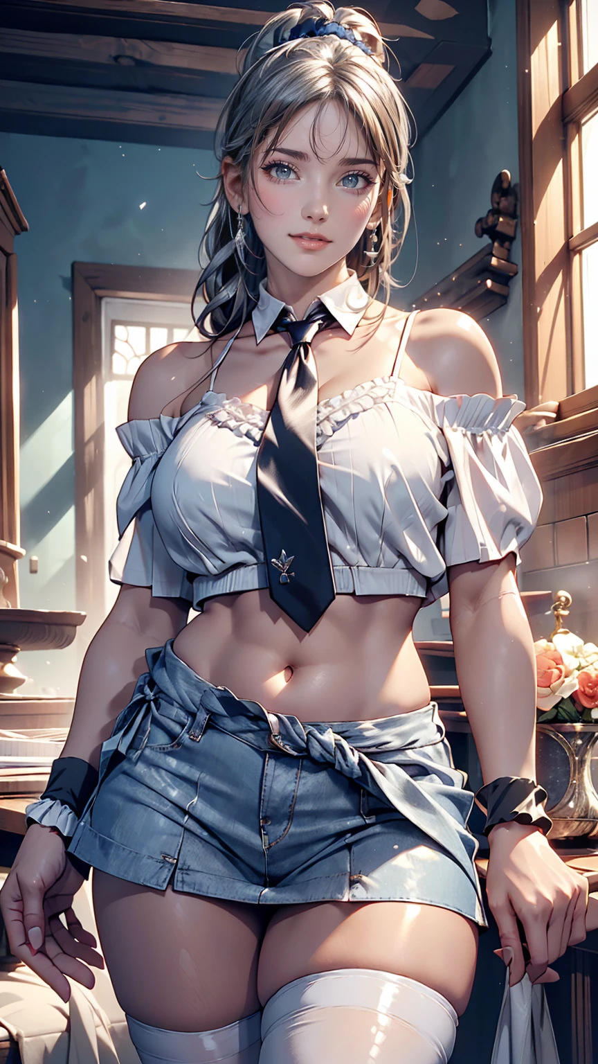 One girl, Off the shoulder, A light smile, Shiny skin, Highest quality, masterpiece, (Realistic:1.4)、Silver Hair、Side Ponytail((Tie it with a scrunchie))、I can see my belly button、Low-rise miniskirt、Thighs exposed、Knee socks、Wear stiletto heels、Put a wristband on your wrist