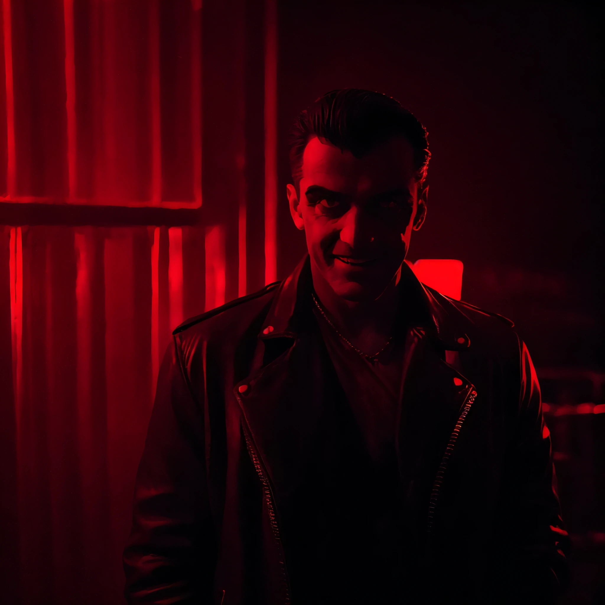 A serial ghost killer with a sinister smile, 1980s nightclub in Brazil, neon lighting, blood-red color palette, dark shadows, ominous atmosphere, gripping tension, high contrast, chiaroscuro lighting, intense gaze, leather jacket, slicked-back hair, menacing presence, photo-realistic, 8k, masterpiece, cinematic, dramatic lighting