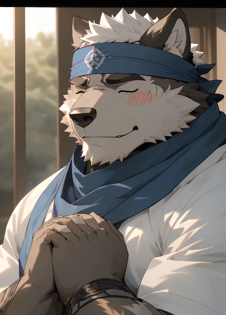 (masterpiece),(Very detailed),(best quality),hairy,Wolf,Dark black fur,white hair,Black eyebrows,Gray pupil,Muscular,(Japan samurai attire),((blue scarf)),((Brown headband)),(blush:1.1),((Hands together:1.3)),((Close your eyes)),(Pious),((Ultra HD close-up:1.4)),8K,(high quality),(Ultra high quality),(Super detailed),(Best Works)