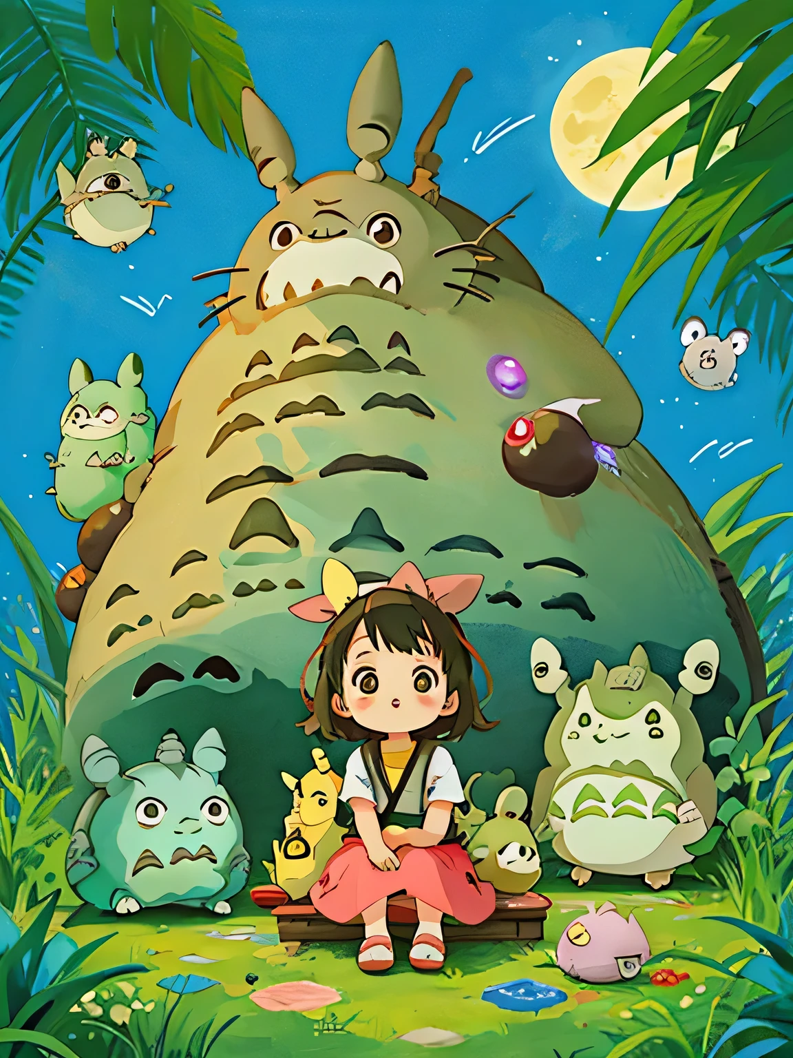 Hayao Miyazaki style、Kawaii Design, most beautiful girl ever、Chibi, (((expedition)))、((Ancient Egypt)), Pikachu, (((Totoro))), Lunar Surface, Colorful and cute pillbugs, Makkurokurosuke