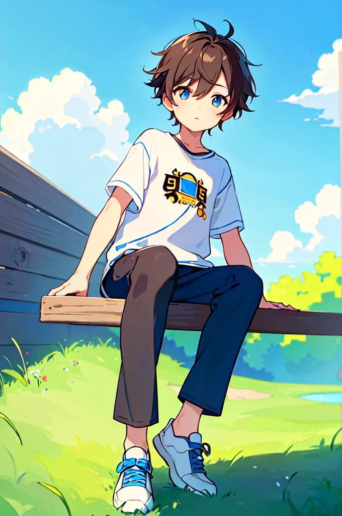 [(SKY BACKGROUND:1.5),::5], (((masterpiece))), high quality, very_high_resolution, large_filesize, full color, medium long shot, sitting, Solo, (1 little boy), 13 old year, (short brown hair), vivid color, Blue eye, summer clothes, Summer Sneaker, anime style