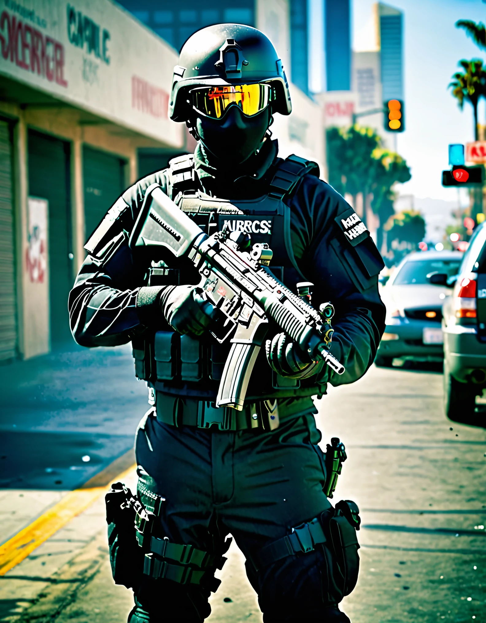 masterpiece, high quality, hires, 1man, solo, swat officer, holding weapon, Heckler & Koch MP5, standing, on patrol, los angeles market backdrop, looking away