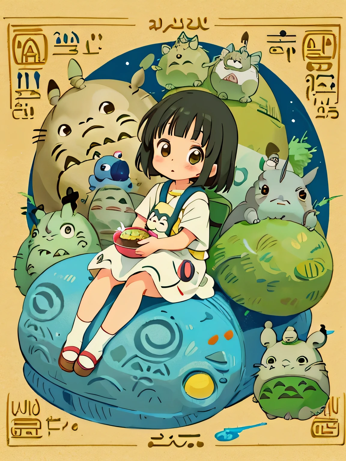 Hayao Miyazaki style、Kawaii Design, most beautiful girl ever、Chibi, (((expedition)))、((Ancient Egypt)), Pikachu, (((Totoro))), Lunar Surface, Colorful and cute pillbugs, Makkurokurosuke