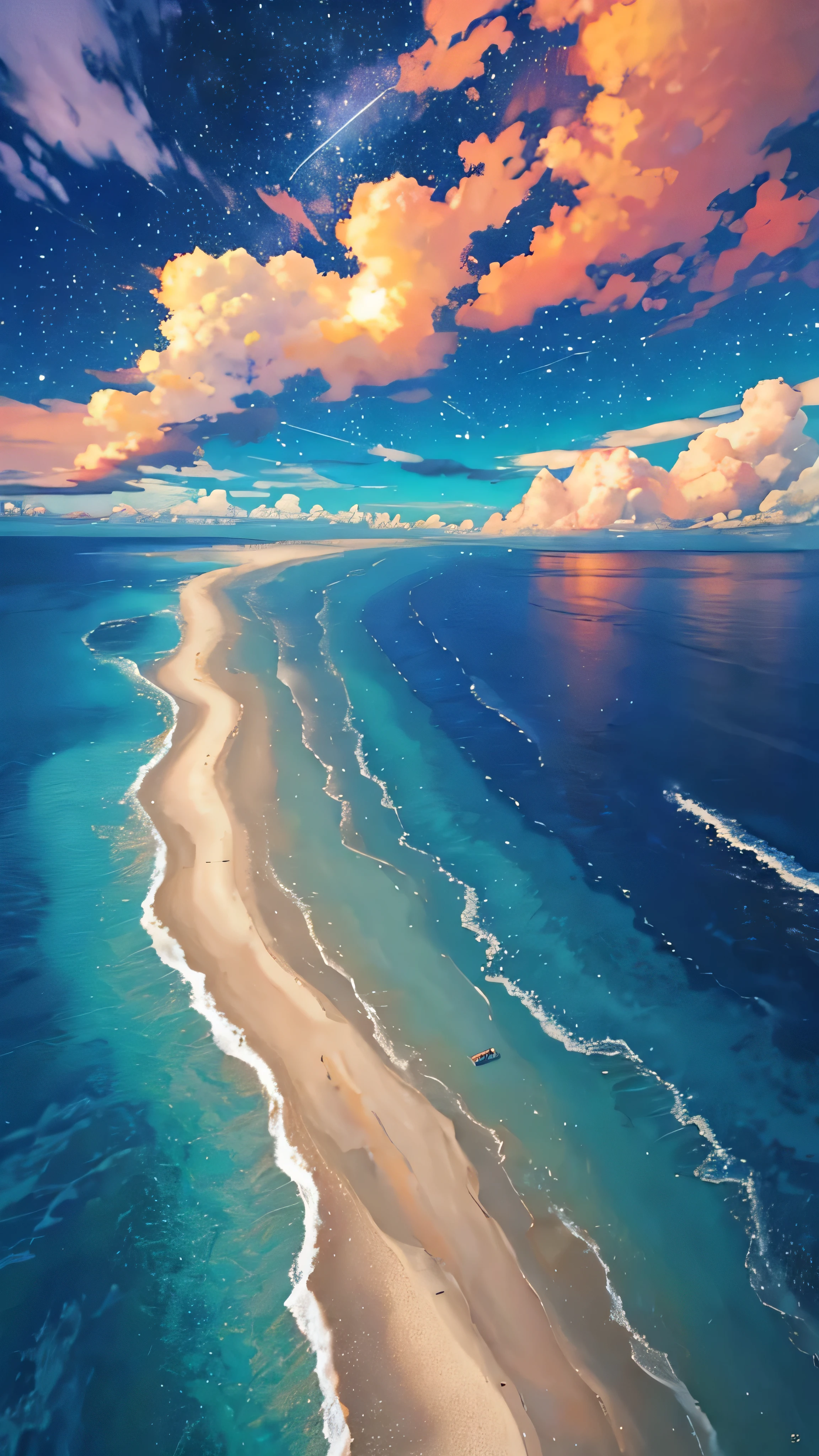 (zoom:1.1), (Meteors:1.2), (comet:1.1), Low - Angle, Alolan Borealis, shooting star, Highest quality, masterpiece, cloud, colorful, Southeast Asia Beaches, summer, Sea view, Small Island々
