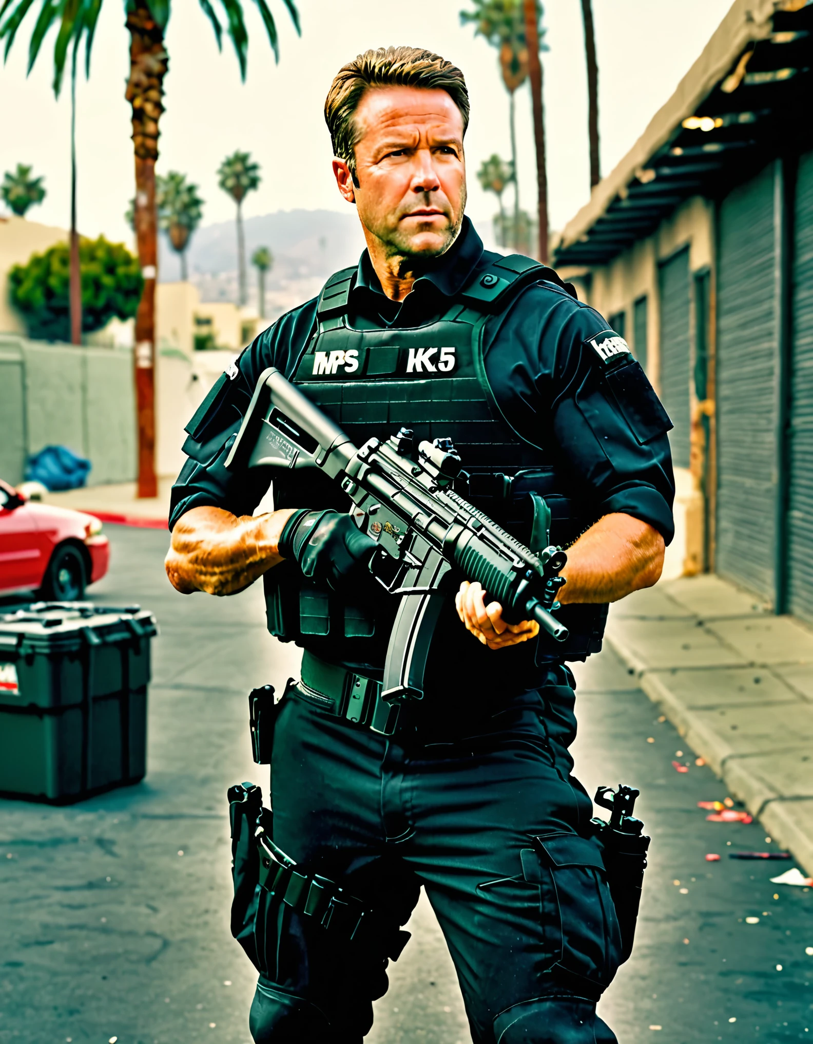 masterpiece, high quality, hires, 1man, solo, swat officer, holding weapon, Heckler & Koch MP5, standing, on patrol, los angeles market backdrop, looking away