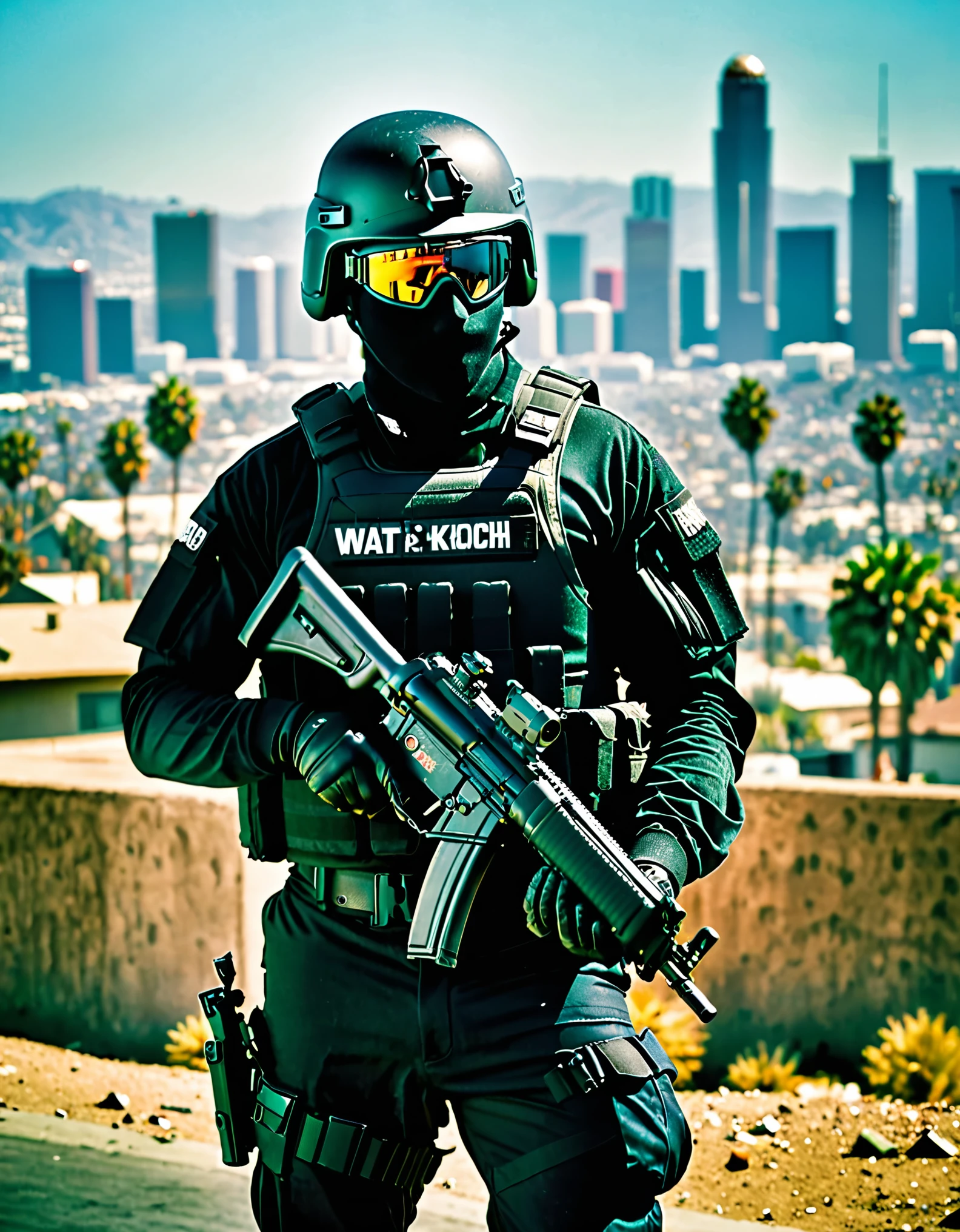 masterpiece, high quality, hires, 1man, solo, swat officer, holding weapon, Heckler & Koch MP5, standing, on patrol, los angeles market backdrop, looking away