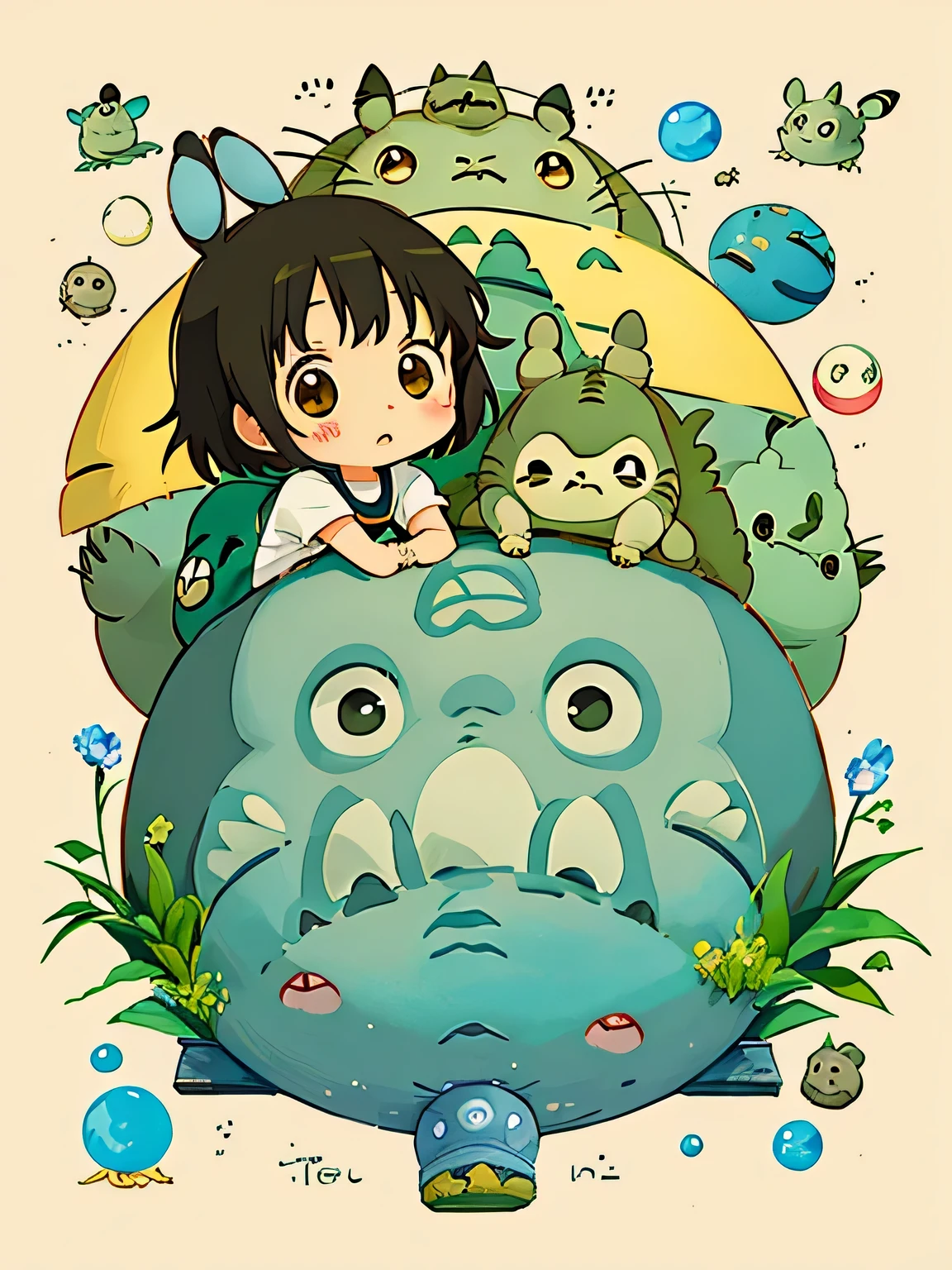 Hayao Miyazaki style、Kawaii Design, most beautiful girl ever、Chibi, (((expedition)))、((Ancient Egypt)), Pikachu, (((Totoro))), Lunar Surface, Colorful and cute pillbugs, Makkurokurosuke