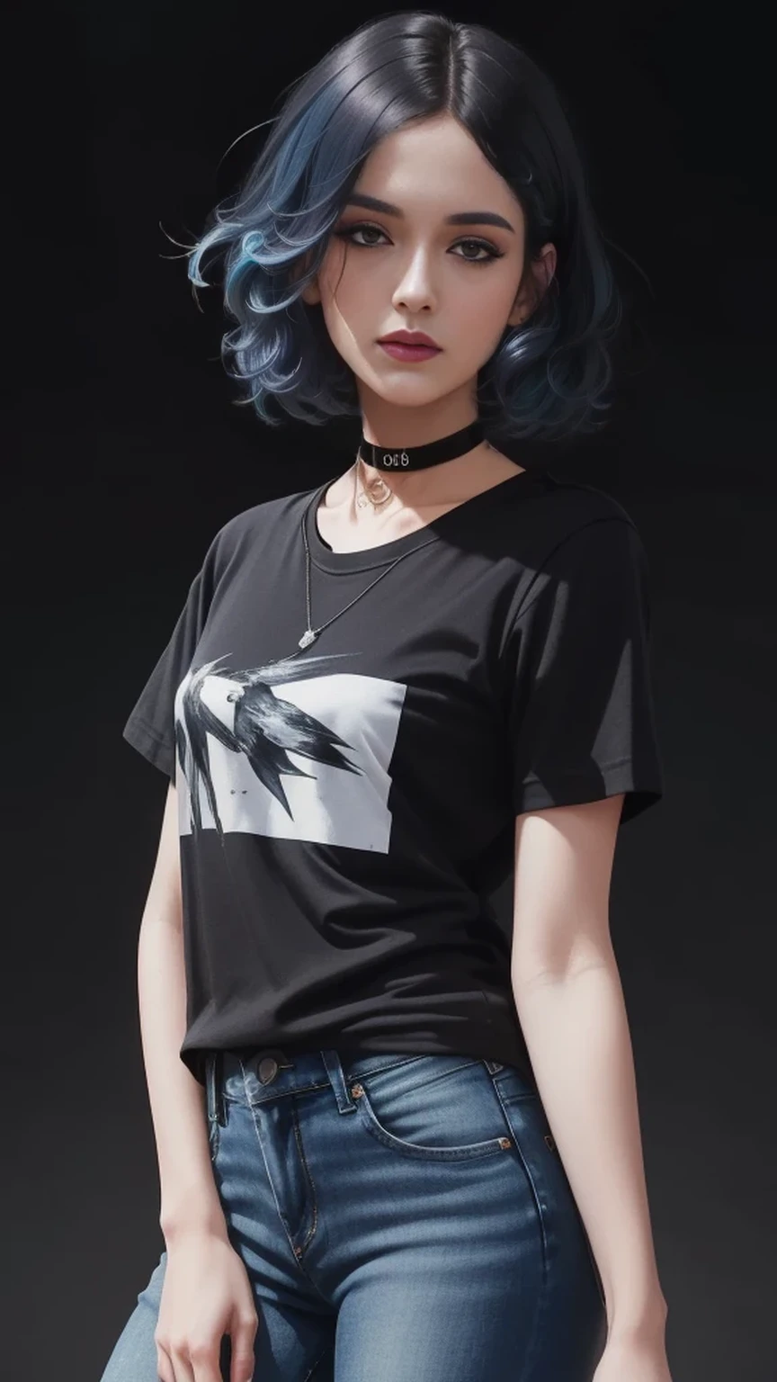 black hair with little blue highlights,wavy bob hair style,((illustration)), (((masterpiece))), ((best quality)), (High resolution), (detailedlight), ((intricate detail)), (highres), (very detailed CG 8k wallpaper),Beautiful Lighting, Perfect Lightning, Realistic Shadows, [High Resolution], Detailed Skin, Super Delicate,