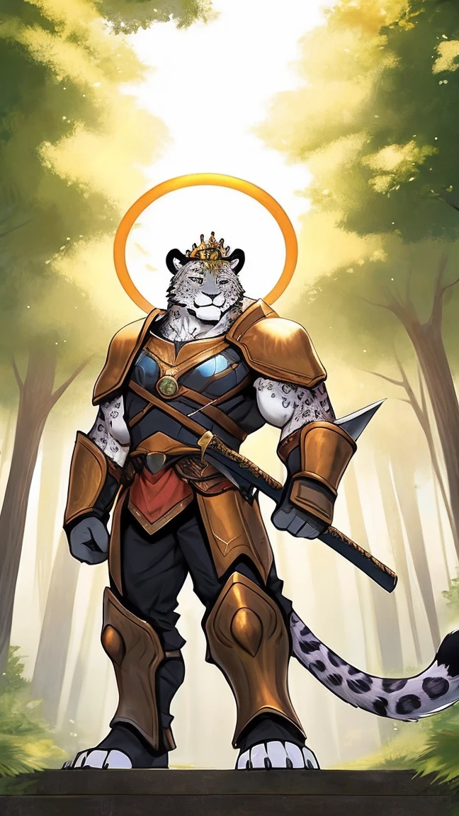 Mature male leopard Fury, muscular,short hair, Wearing armor, Wearing a crown,Holding a long sword,Stand ahead,Huge tree,A halo surrounding the whole body,Full body portrait