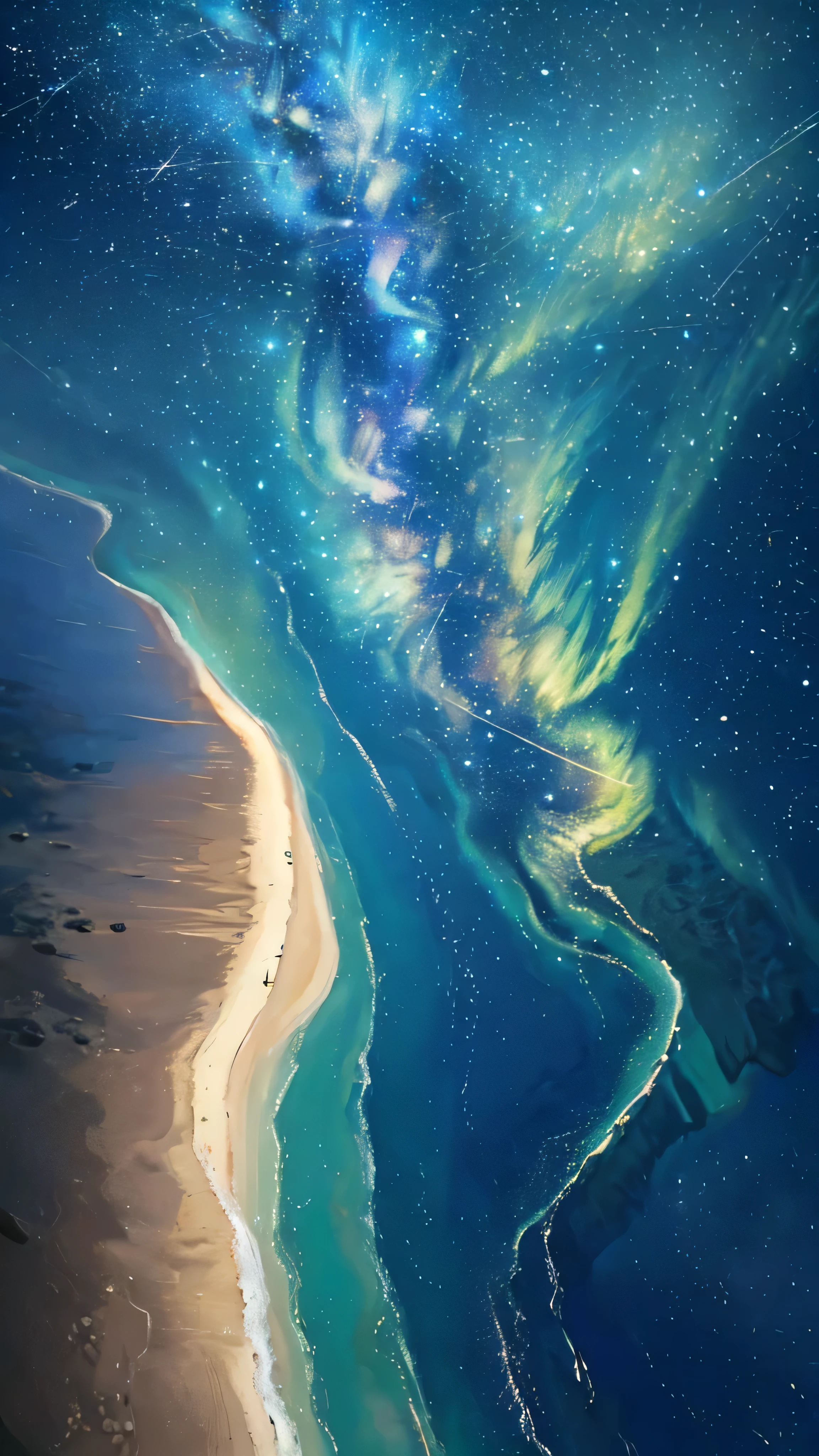 (zoom:1.1), (Meteors:1.2), (comet:1.1), Low - Angle, Alolan Borealis, shooting star, Highest quality, masterpiece, cloud, colorful, Southeast Asia Beaches, summer, Sea view, Small Island々